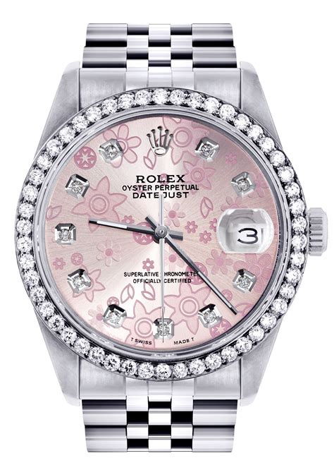 rolex datejust pink floral dial|Rolex pink face diamond bezel.